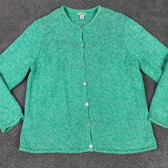 LL Bean Cardigan Sweater Women's Large Green Marled Ragg Cotton 245208 - Picture 1 of 10